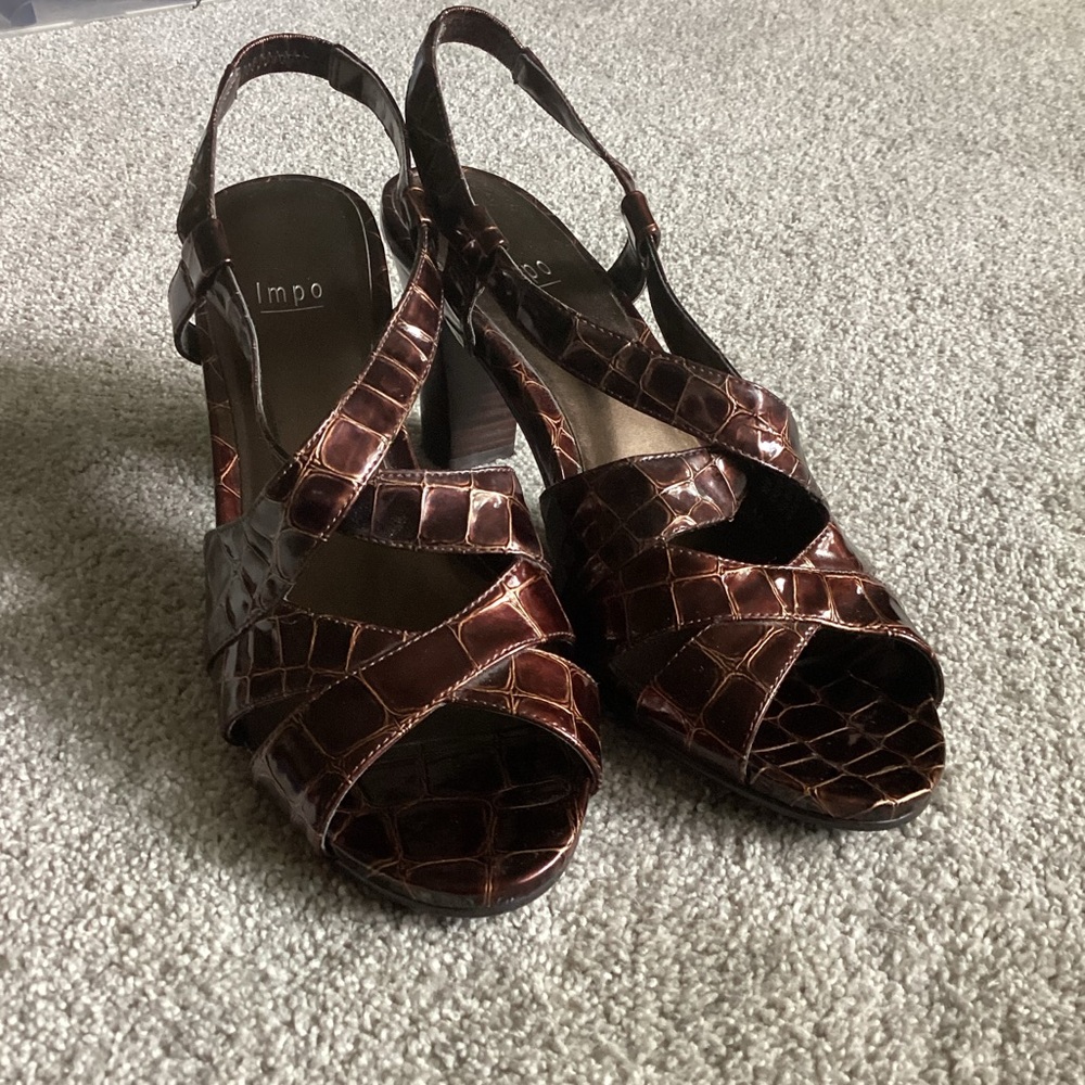 Impo Brown Crocodile Print Faux Leather Strappy Heels